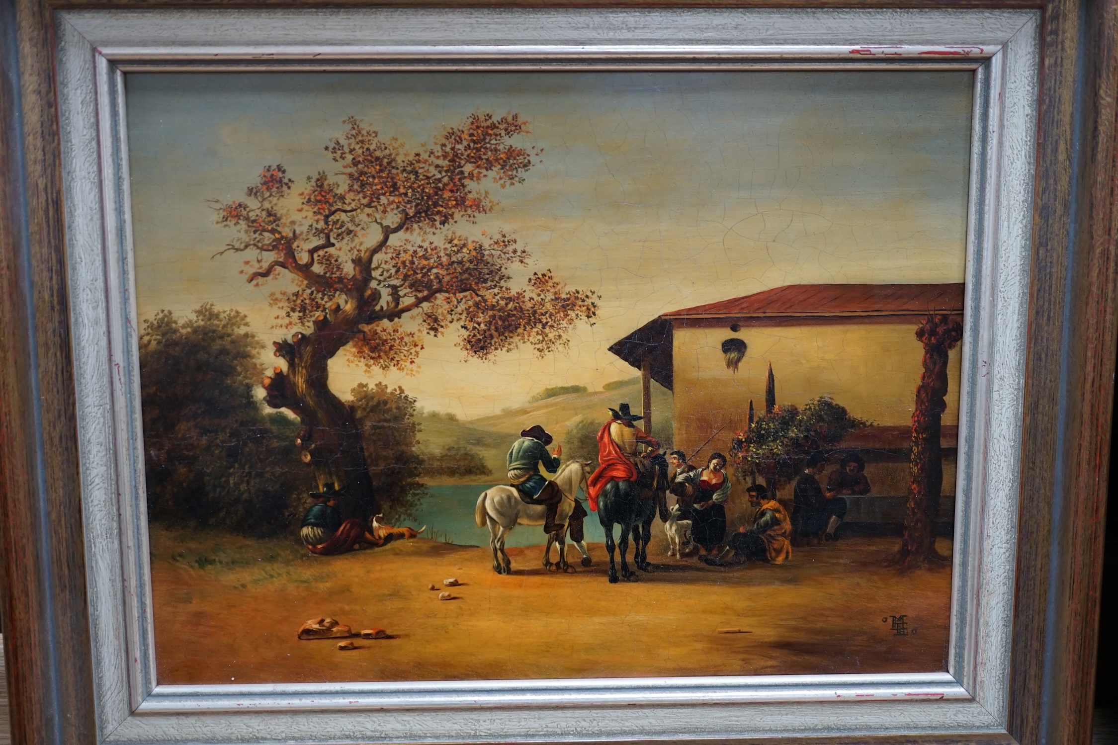 Dutch school, pair of oils on board, landscapes with figures on horseback, monogrammed ME, 24 x 32cm. Condition - fair